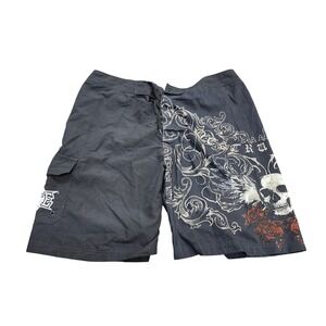 MMA Elite Mens Black Skull Filigree Board Shorts Size 38 Cargo Pocket Trunks